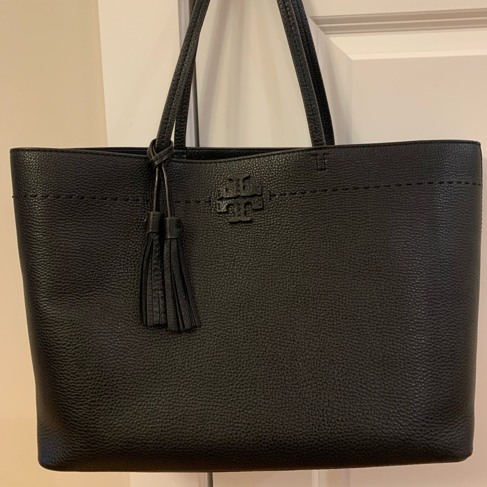 Tory Burch McGraw Leather Tote- Black Exterior/Navy Blue interior